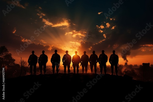 Soldiers stand tall, silhouetted by the setting suns fiery glow
