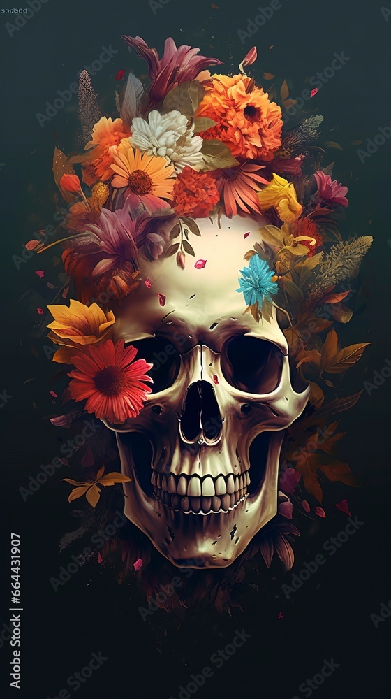 Skull flowers as collage on black background, created with AI
