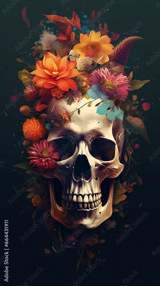 Skull flowers as collage on black background, created with AI
