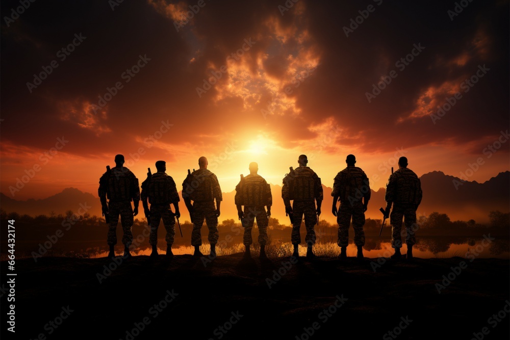 Sunset backdrop frames four military personnel, a serene yet powerful image