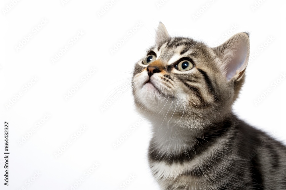 Playful funny kitten looking up isolated on a white background.