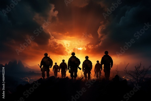 The intensity of the background enhances the soldiers striking silhouettes