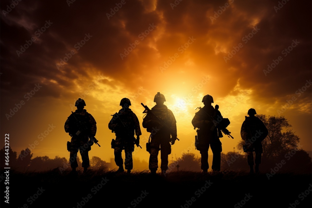The silhouetted portraits of army soldiers, a display of their valor The silhouetted portraits of army soldiers, a display of their valor