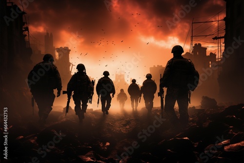 The soldiers silhouette emerges powerfully amidst an intense, vibrant backdrop