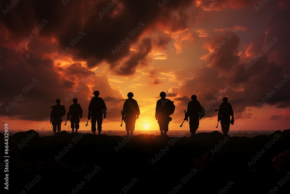 Troops silhouettes grace the canvas of a breathtaking, fiery sunset sky