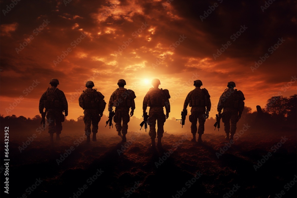 United soldiers at sunset, a symbol of solidarity and strength