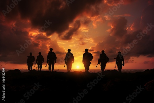 Troops silhouettes grace the canvas of a breathtaking, fiery sunset sky