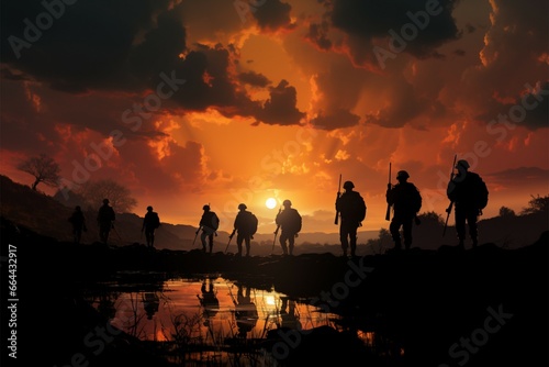 Troops silhouettes painted against the tranquil hues of a setting sun