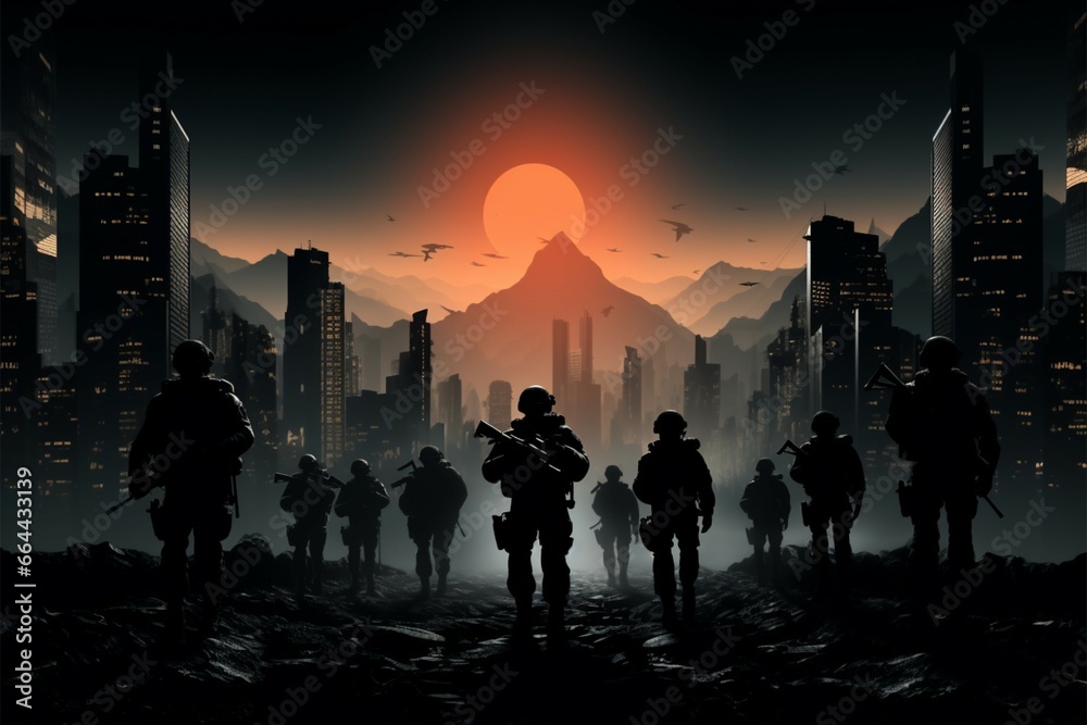 Urban defense soldiers in silhouette, guns at the ready