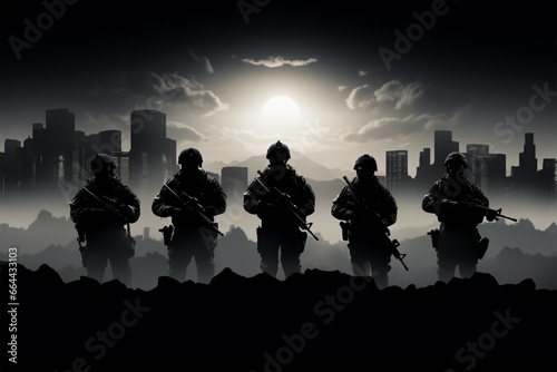 Urban defense soldiers in silhouette, guns at the ready