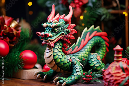 Chinese dragon and Christmas decoration on the wooden table in front of the Christmas tree © Slava