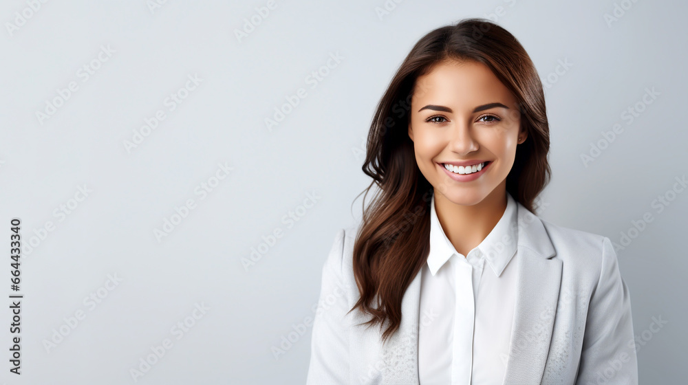 SMILING WOMAN ON GRAY BACKGROUND. image created by legal AI SMILING WOMAN ON GRAY BACKGROUND. image created by legal AI