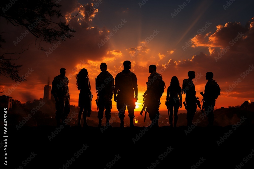 Warriors in twilights embrace, silhouetted against the fiery sunset Warriors in twilights embrace, silhouetted against the fiery sunset