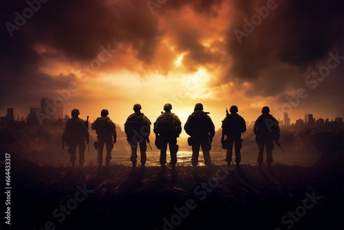 War torn backdrop hosts military silhouettes, an enduring symbol of valor