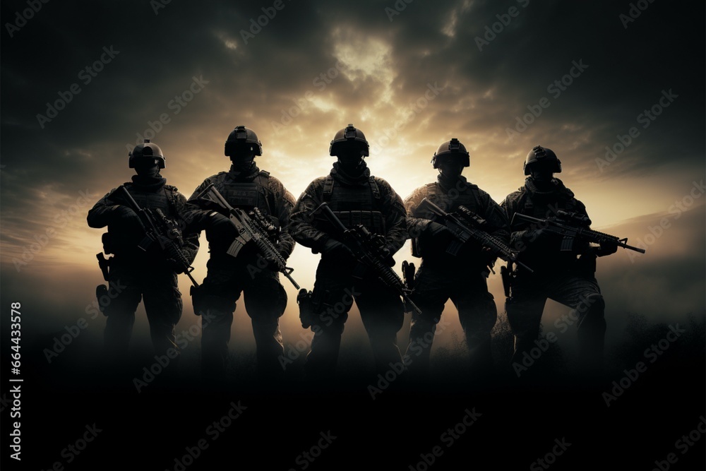 A group of airsoft players in silhouette, poised for tactical challenges