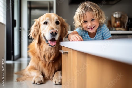 Cheerful little boy is posing with a golden retriever dog at the kitchen table. Funny kid and her pet preparing for breakfast at home. Happy smiling boy and puppy enjoy their time spent together.