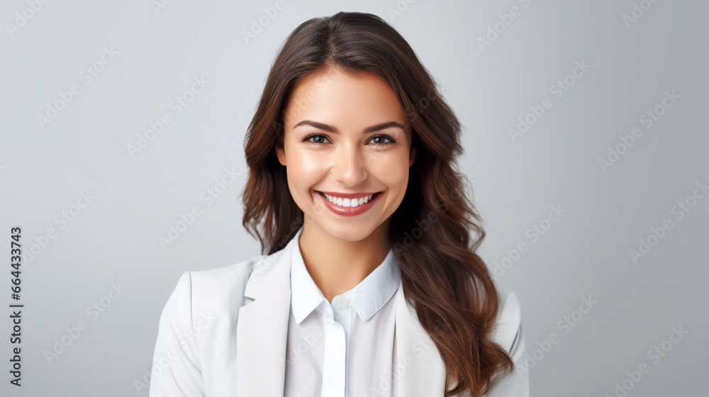 SMILING WOMAN ON GRAY BACKGROUND. image created by legal AI SMILING WOMAN ON GRAY BACKGROUND. image created by legal AI