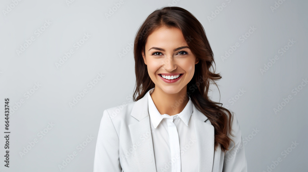 SMILING WOMAN ON GRAY BACKGROUND. image created by legal AI SMILING WOMAN ON GRAY BACKGROUND. image created by legal AI