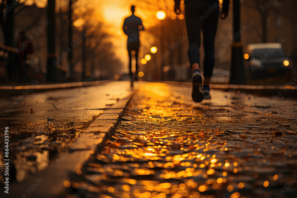 Man jogging down the street in sunset. Low angle shot, unrecognizable person, selective focus