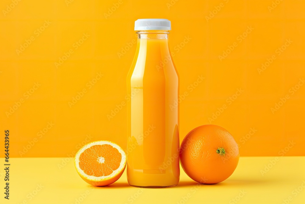 Orange Juice bottle on orange background.