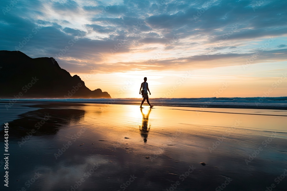 A person walking on the beach at sunset.