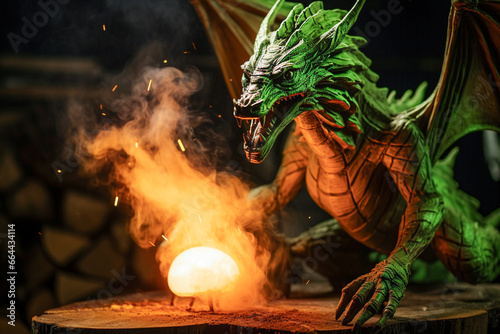 dragon with fire and smoke on a wooden table in a dark room