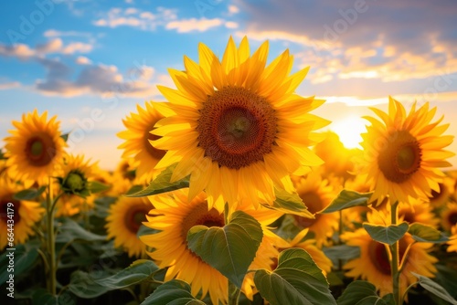 Sunflowers turning toward the sun in the soft morning light.