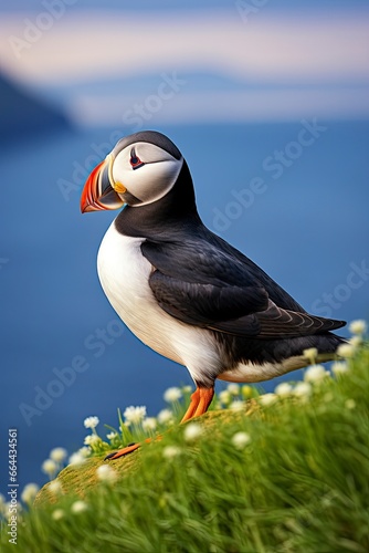 Puffin bird on a green grass patch.