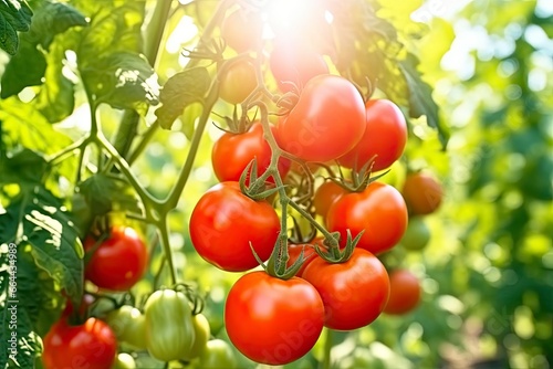 Fresh bunch of red natural tomatoes on a branch in vegetable garden.