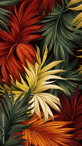 Fundo de folhas tropicais em cores pastel da moda. Folha de palmeira colorida. Ilustração de verão para papel pop art, design de tecido, papel de parede com flora.
