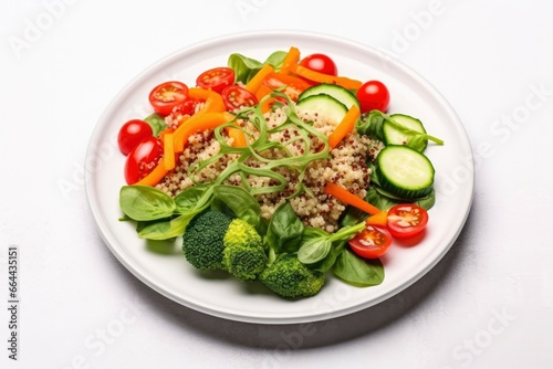Salad with quinoa, spinach, broccoli, tomatoes, cucumbers and carrots.