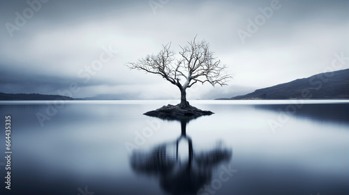 Lonely tree in midst of bleak lake creates melancholic atmosphere evoking sense of isolation, decay and passage of time, beauty in melancholic solitude and passage of time © TRAVELARIUM