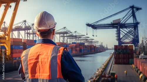 An engineer from behind at busy port full with ships and containers © GustavsMD