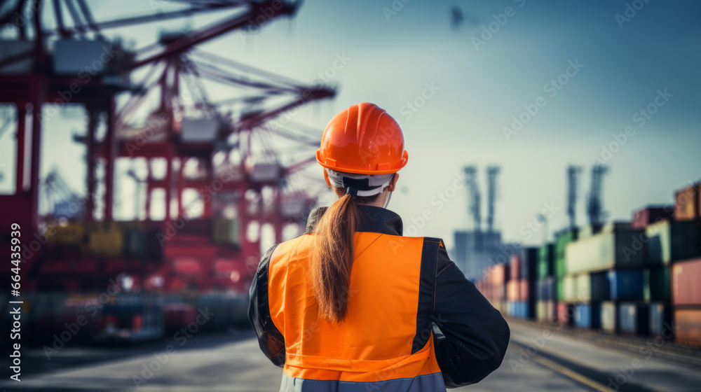 An engineer from behind at busy port full with ships and containers An engineer from behind at busy port full with ships and containers