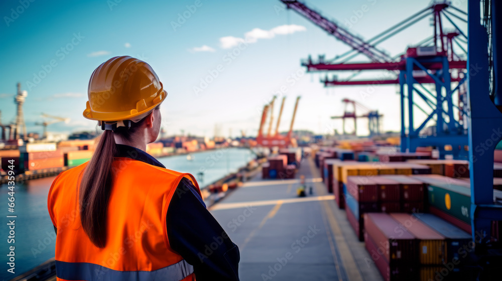 An engineer from behind at busy port full with ships and containers An engineer from behind at busy port full with ships and containers