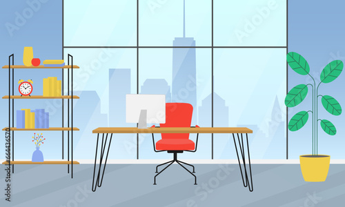 Office interior background. Modern office room inside with desk, computer and window. Vector illustration.