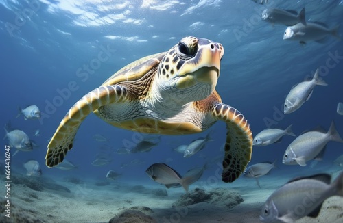 Turtle closeup with school of fish. AI Generated © MDBILLAL