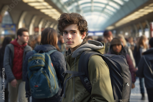 Young Backpacker at a Busy Train or Metro Station: Embarking on an Adventure