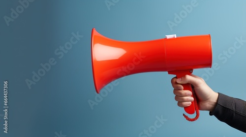 Hand holding megaphone loudspeaker - advertisement or announcement concept . Wide banner space for text right side