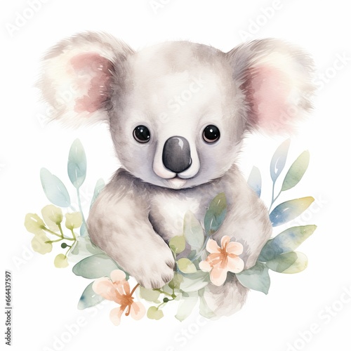 Watercolor fantasy Baby Koala clip art isolated white background.