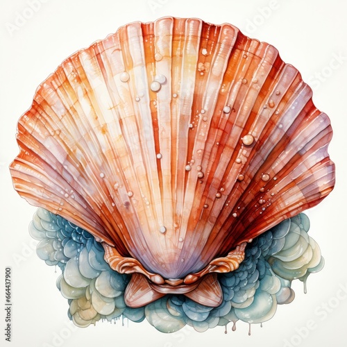 Watercolor Seashell clipart on white background.