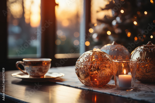 Merry Christmas holidays time concept. Living room filled with bright colored balls and various decorations