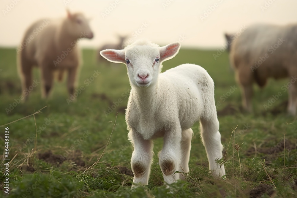 White lamb in a field in front of other animals. White lamb in a field in front of other animals.