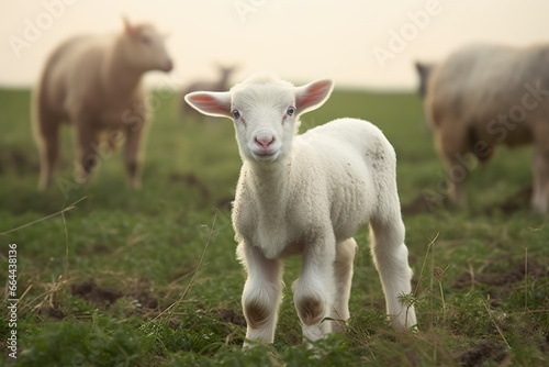 White lamb in a field in front of other animals. © MDBILLAL