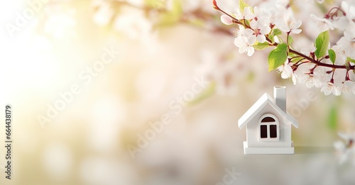 Toy house and cherry flowers, spring abstract natural background.