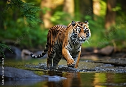 Amur tiger walking in the water. Dangerous animal.  Animal in a green forest stream.