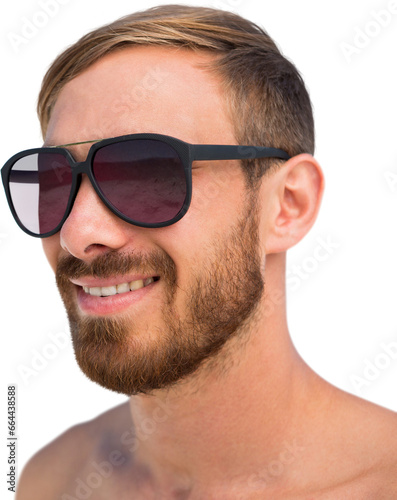 Digital png photo of happy caucasian shirtless man with sunglasses on transparent background