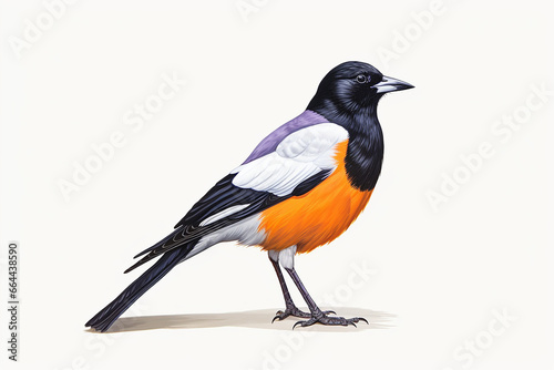 The side view of a colourful bright orange and black or scarlet robin bird, standing, isolated on a white background. Generative AI. © Surachetsh