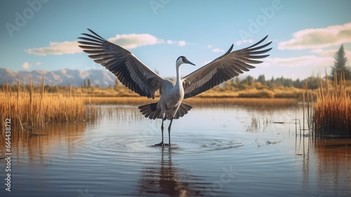 an aerial Sandhill Crane leaving the water © jannat