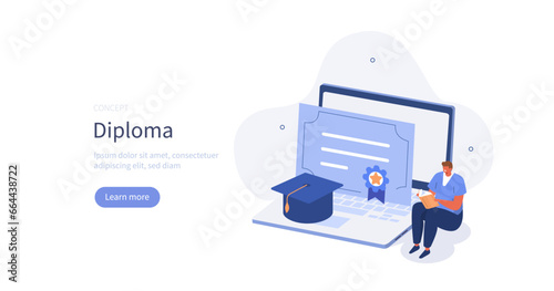 Education concept. Student study with book online, use educational platform, achieving graduate certificate, diploma. Vector illustration.